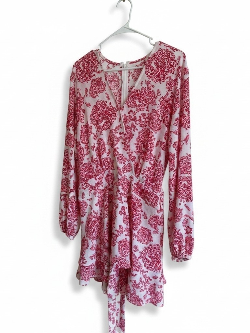 Floral Red & White Long Sleeve Faux-Wrap Romper